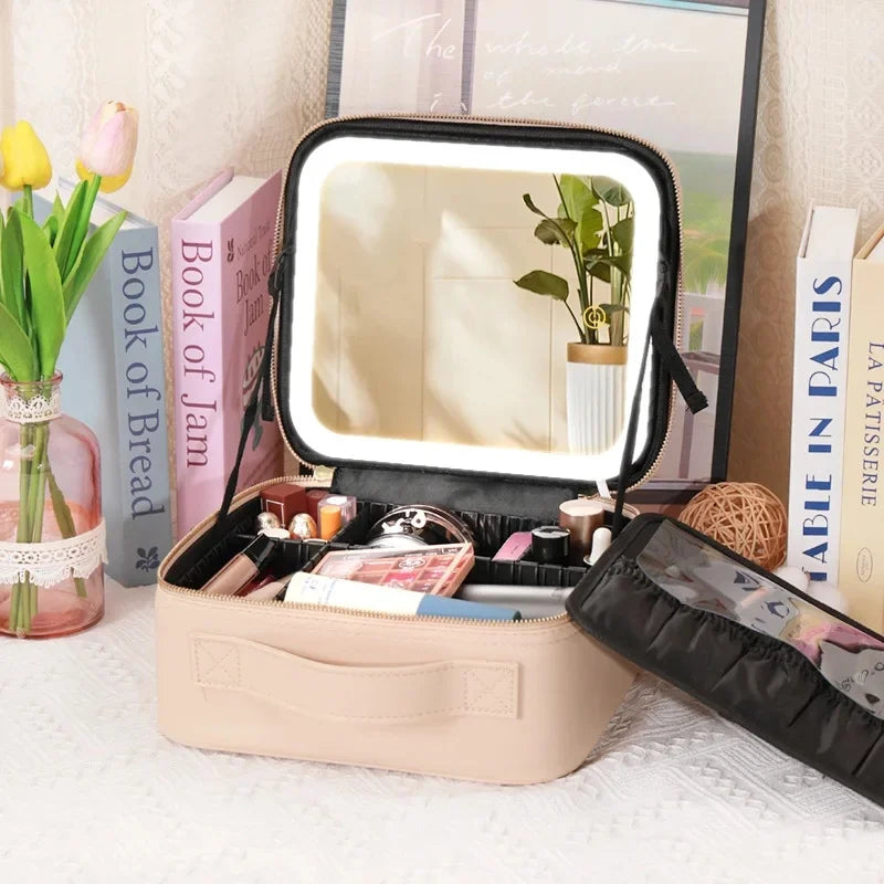 LuxeGlow™ LED Vanity Makeup Bag — Touch‑Light Mirror, Portable Beauty Organiser (Small & Large)